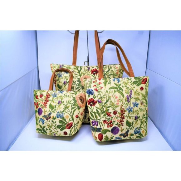 Tapestry 3 Piece Tote Bags Set - Floral Pattern with Ladybugs - Cream Color - Picture 2 of 2